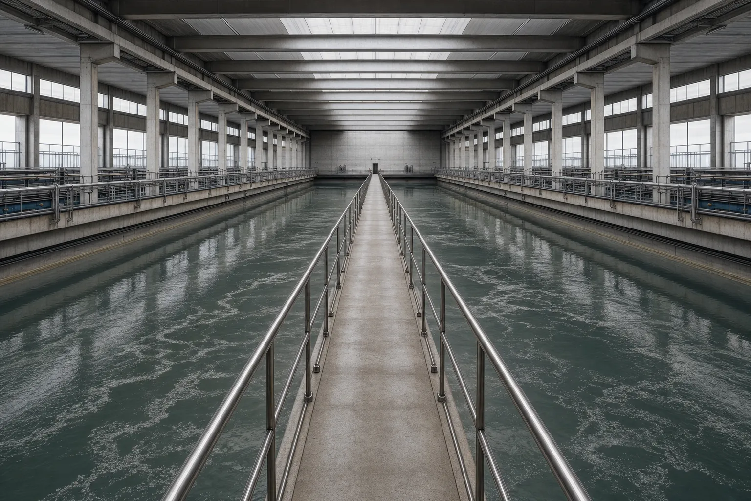 Interior of a modern treatment hall with parallel aeration basins