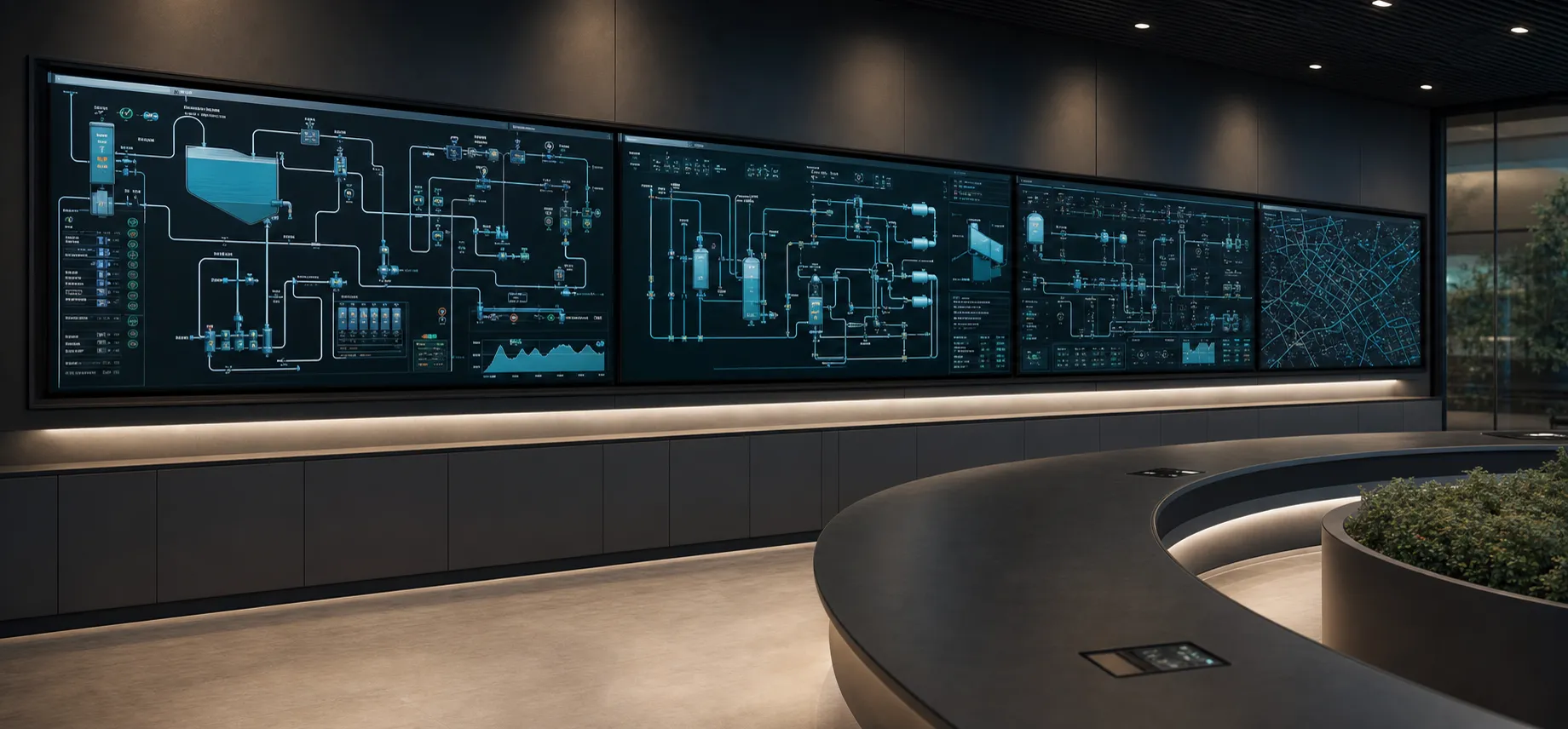 Industrial control room showing process diagrams and network maps