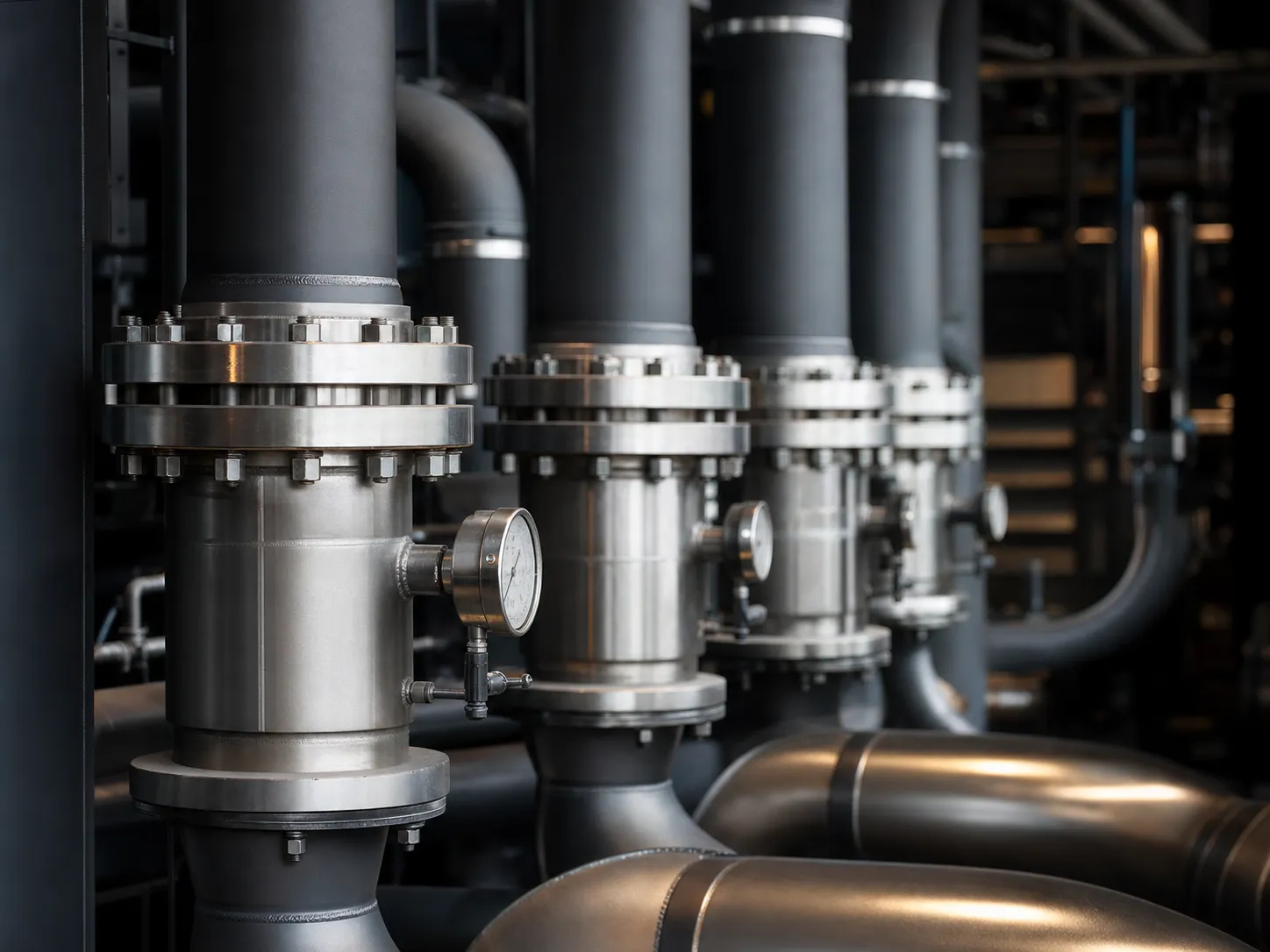 Stainless-steel process piping with precision flanges and gauges