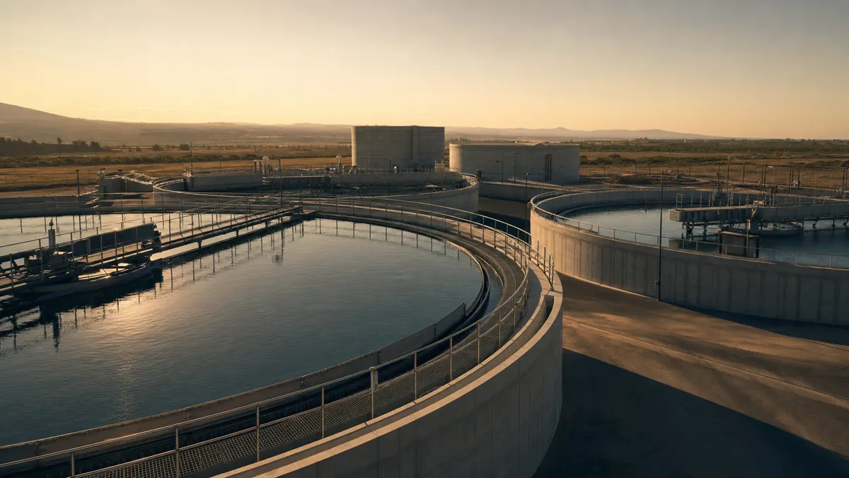 Aerial view of a modern water treatment facility at dawn