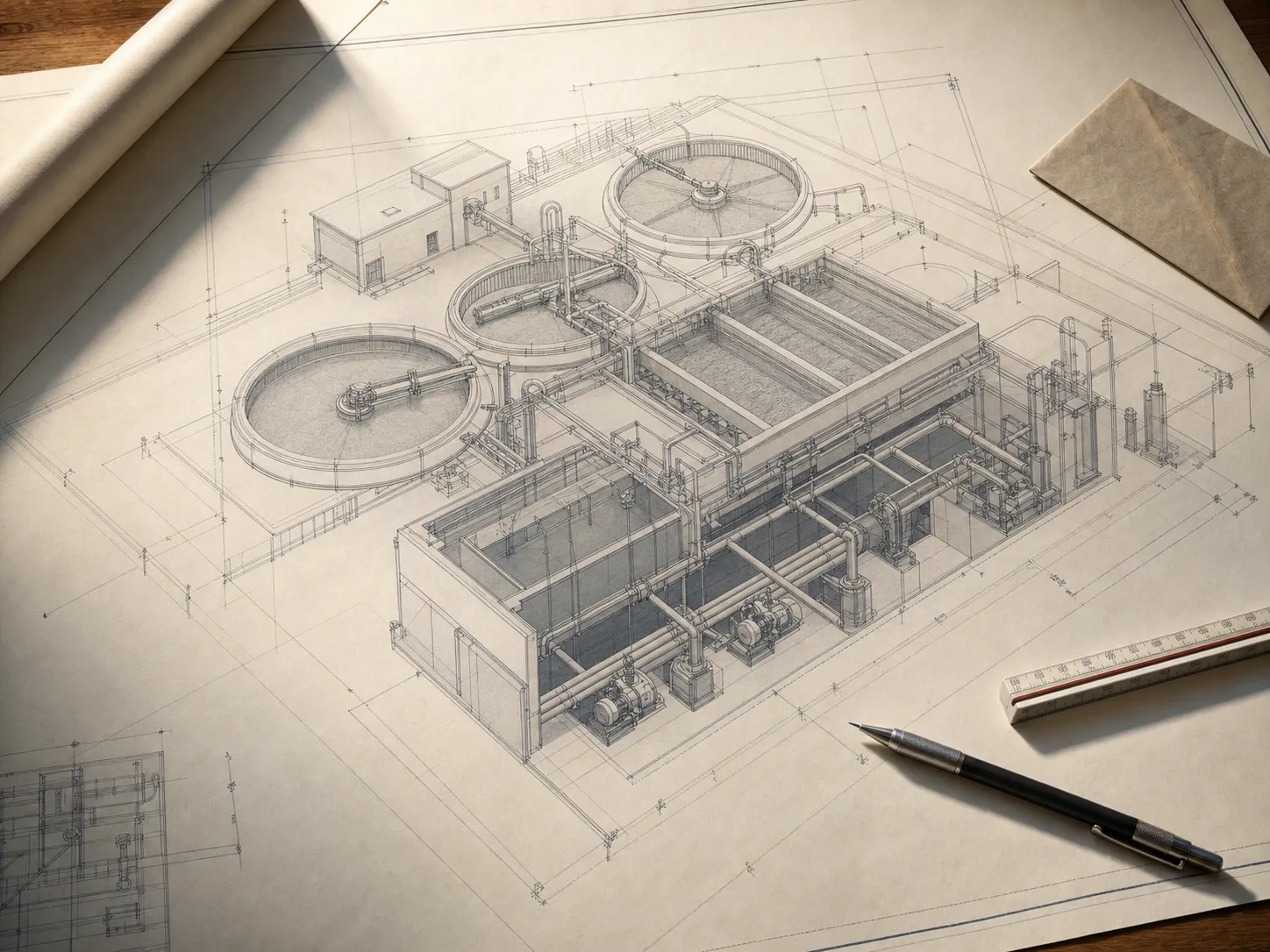 Engineering isometric drawing of a treatment plant on drafting paper