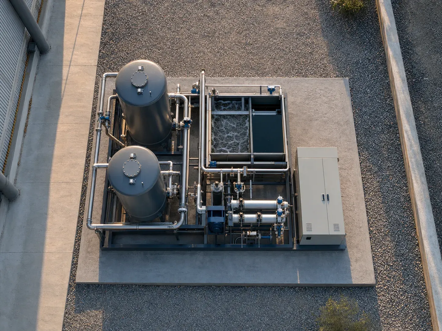 Top-down view of a compact pre-engineered treatment skid mounted beside a facility
